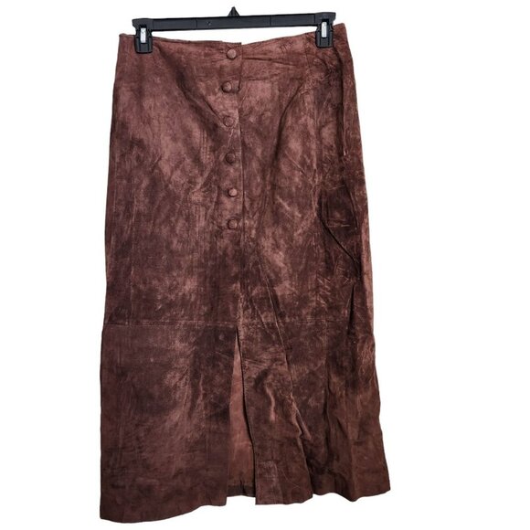 100% Suede Leather Maxi Skirt Size 11/12 W31 Midi Brown Southwest Western Button - Picture 1 of 16